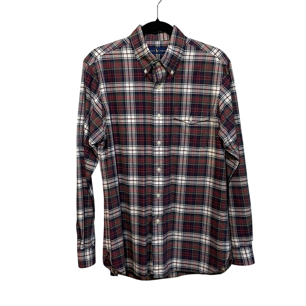 Ralph Lauren Men's‎ Button Long Sleeve Down Shirt MEDIUM Red Blue Plaid Cotton